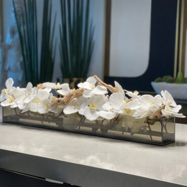 Cachepô de Vidro Preto Fumê Casa Moderna com Orquídeas Phalaenopsis Brancas