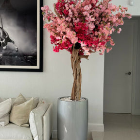 Cachepô Lisboa Prata Brilhante com Árvore de Flores de Cerejeira Rosa Tricolor Sob Medida