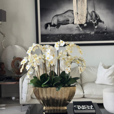 Vaso Vivien Dourado com Orquídeas Phalaenopsis Brancas